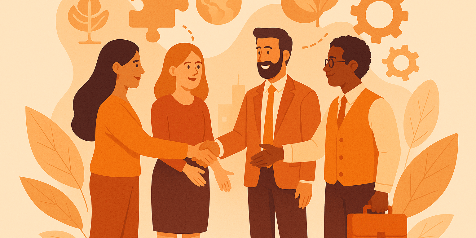 Participatiewet in Balans Vier professionals van diverse achtergronden schudden elkaar de hand in een oranje getinte illustratie, omringd door abstracte symbolen zoals puzzelstukken, tandwielen, bladeren en een wereldbol – symbool voor samenwerking, inclusie en duurzame vooruitgang.