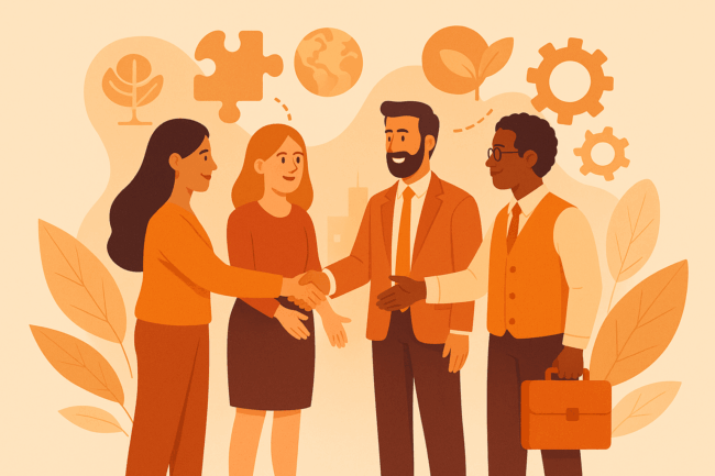 Participatiewet in Balans Vier professionals van diverse achtergronden schudden elkaar de hand in een oranje getinte illustratie, omringd door abstracte symbolen zoals puzzelstukken, tandwielen, bladeren en een wereldbol – symbool voor samenwerking, inclusie en duurzame vooruitgang.