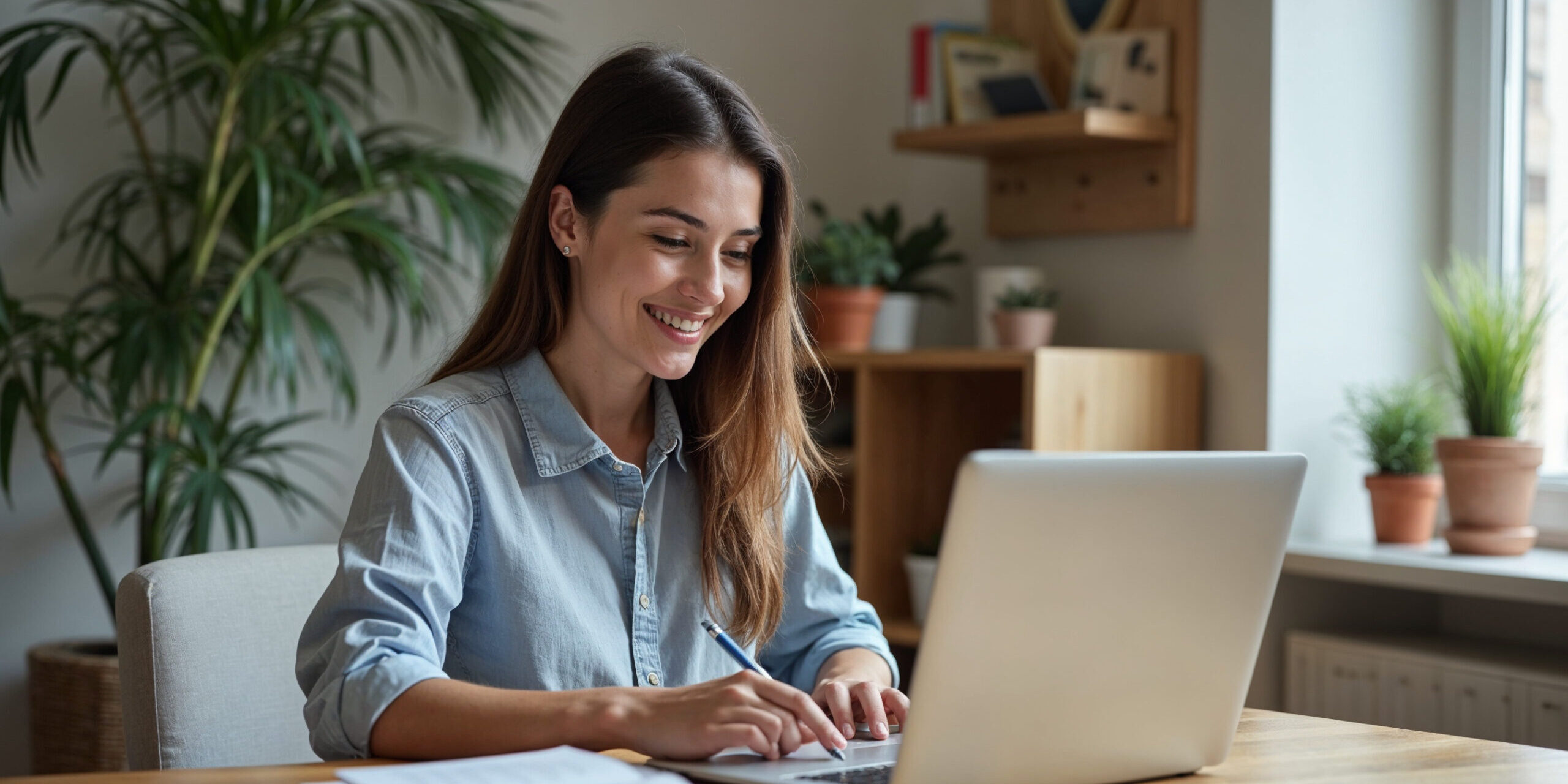 Young woman, girl student using laptop elearning or remote working at home office using laptop pc computer for webinar, learning online training digital education sitting at table, writing notes.